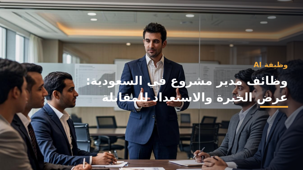 مشهد مهني عربي معاصر لمكتب عمل وتحضير مقابلة، ألوان أزرق كوبالت، أخضر زمردي وأبيض، أسلوب تحريري احترافي