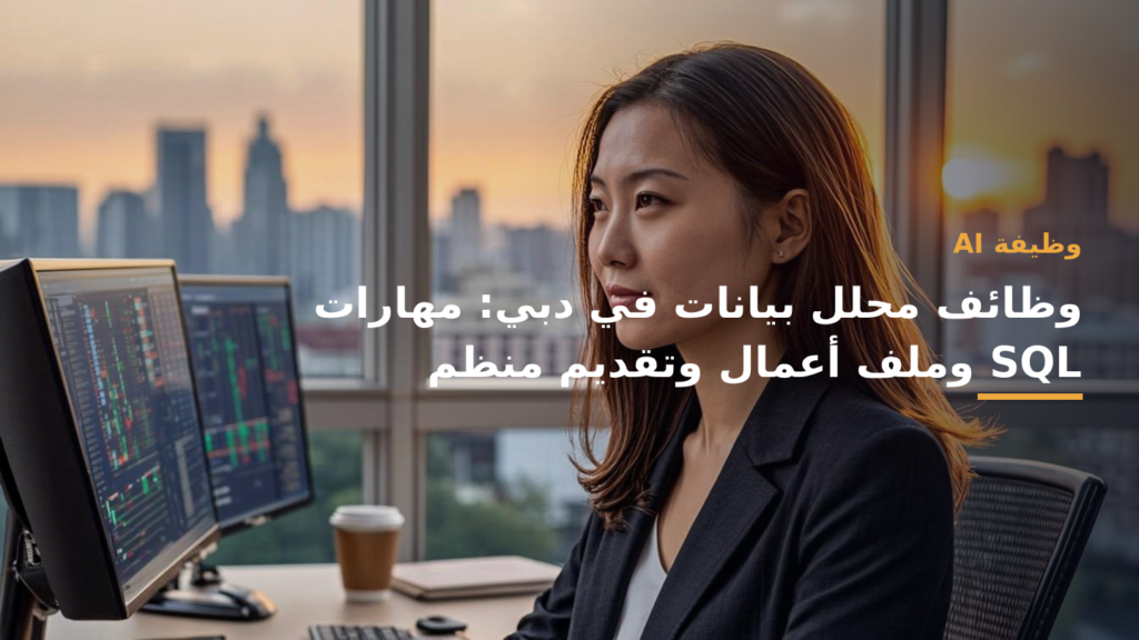 مشهد مهني لعاملين عرب في بيئة مكتب حديثة بألوان أزرق كوبالت وأخضر زمردي وأبيض، تركيز على شاشات بيانات ولقطات عمل تعكس تحليل البيانات، نسبة 16:9، مساحة آمنة للعنوان بدون نص