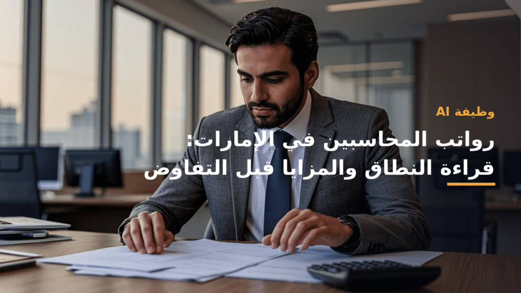 مشهد مهني عربي معاصر عن رواتب المحاسبين في الإمارات بألوان CareerAI الأزرق والأخضر والأبيض، من دون نص داخل الصورة