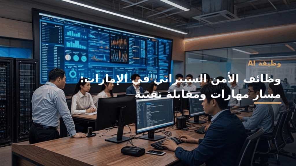 مشهد مهني عربي معاصر لمختص أمن سيبراني يعمل على شاشات، ألوان أزرق كوبالت وزمردي وأبيض