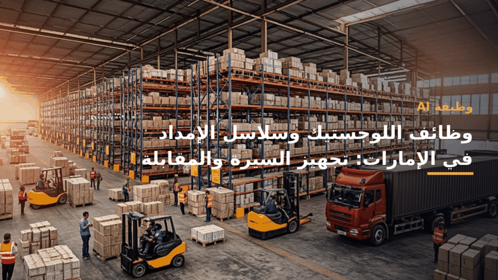مشهد مهني عربي معاصر في بيئة لوجستية، ألوان أزرق كوبالت وأخضر زمردي وأبيض، مساحة آمنة للعنوان