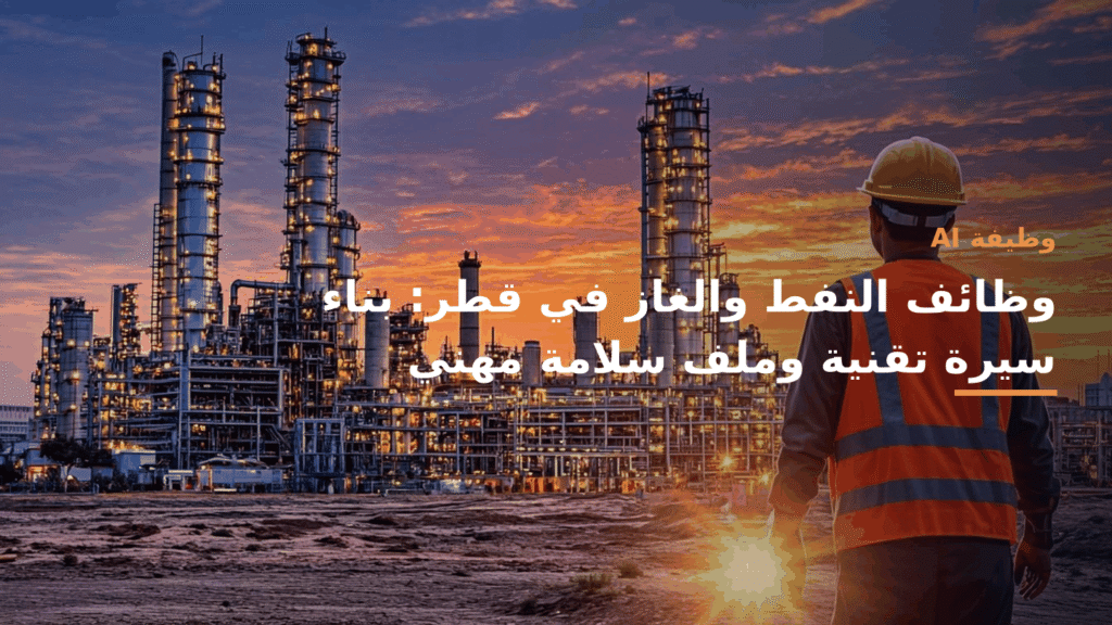 مشهد مهني عربي معاصر لمهندسين وفنيين في بيئة صناعية نفطية، ألوان زرقاء كوبالتية وخضراء زمردية وبيضاء، أسلوب تحرير احترافي، نسبة 16:9