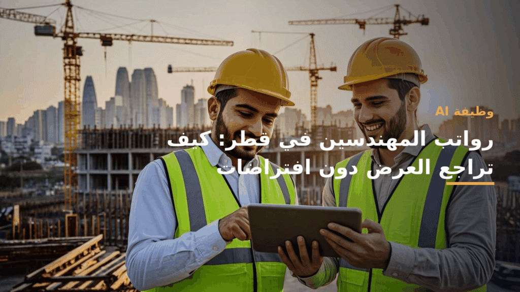 مشهد مهني عربي معاصر: مهندسون يتبادلون وثائق ومخططات في مكتب حديث، ألوان أزرق كوبالت، أخضر زمردي، وأبيض، تركيز احترافي، 16:9