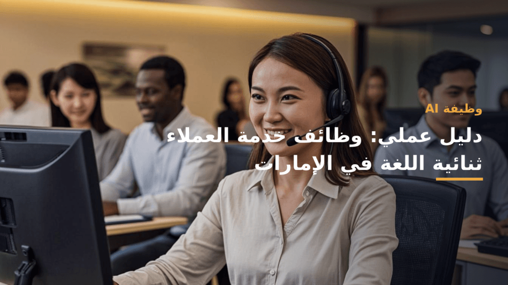 موظف خدمة عملاء ثنائي اللغة يعمل بسماعة هاتف داخل مكتب حضري في الإمارات