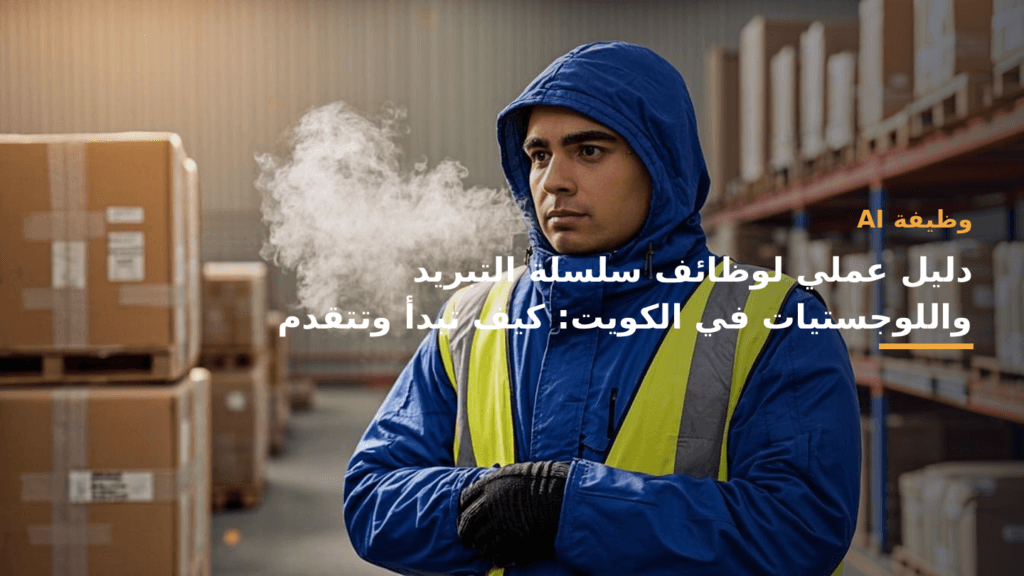 عاملان بمستودع مبرد في الكويت ينقلان منصات شحن أمام شاحنة مبردة.