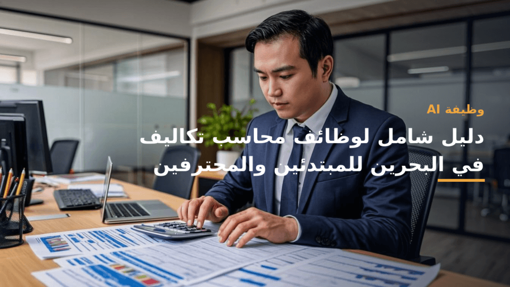 محاسب تكاليف يعمل على جداول وتقرير مالي مع أفق مدينة البحرين في الخلفية