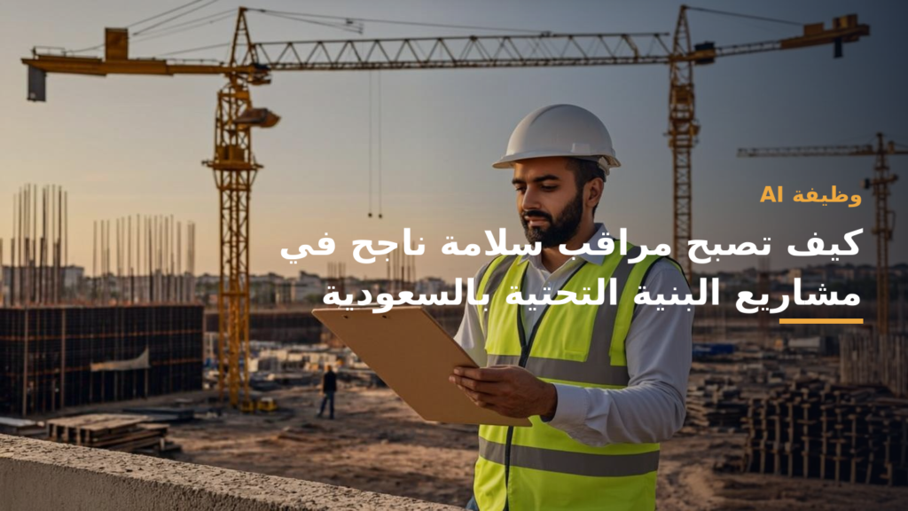 مراقب سلامة في موقع بناء بنية تحتية بالسعودية يرتدي خوذة وسترة عاكسة أثناء التفتيش