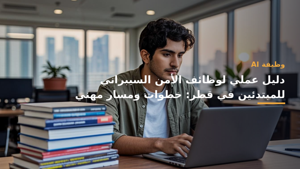 مهندس أمن سيبراني مبتدئ يعمل على حاسوب محمول في مكتب بقطر مع أفق مدينة في الخلفية