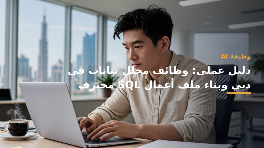 محلل بيانات يعمل على لابتوب يظهر استعلامات SQL داخل مكتب حديث في دبي