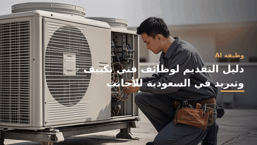 فني تكييف يصِلّح وحدة خارجية على سطح مبنى سكني في مدينة سعودية مع أدواته
