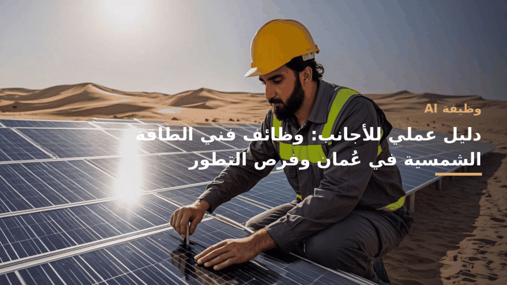 فني طاقة شمسية أجنبي يركّب ألواح شمسية على سطح مبنى في عُمان
